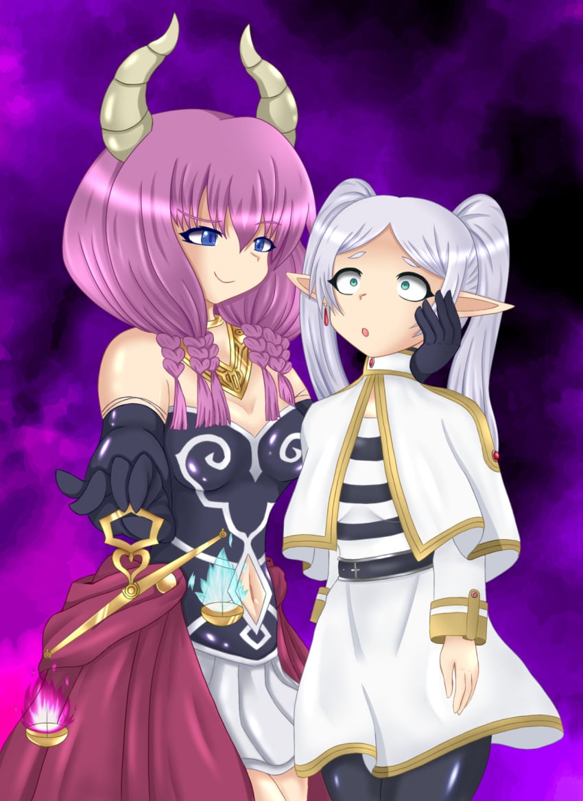 aura_(sousou_no_frieren) corruption demon_girl elf elf_ears female femdom femsub frieren horns navel rey_(artist) sousou_no_frieren twintails white_hair
