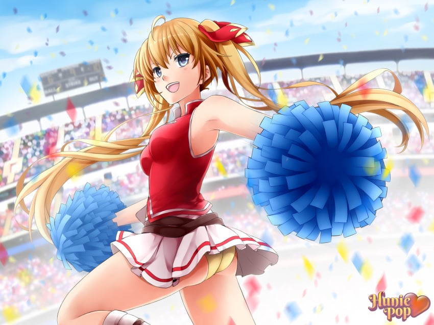 accurate_art_style ass ass_shot blonde_hair blue_eyes cheerleader female female_only huniepop panties panty_shot pigtails solo tied_hair tiffany_maye twintails underwear yellow_panties