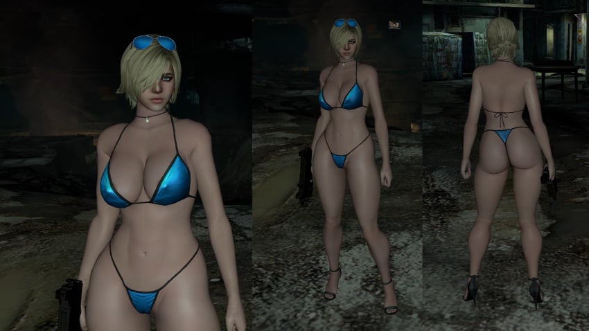 1girls 3d ass bikini blonde_hair blue_bikini female gun mod resident_evil resident_evil_6 sherry_birkin sunglasses sunglasses_on_head swimsuit weapon