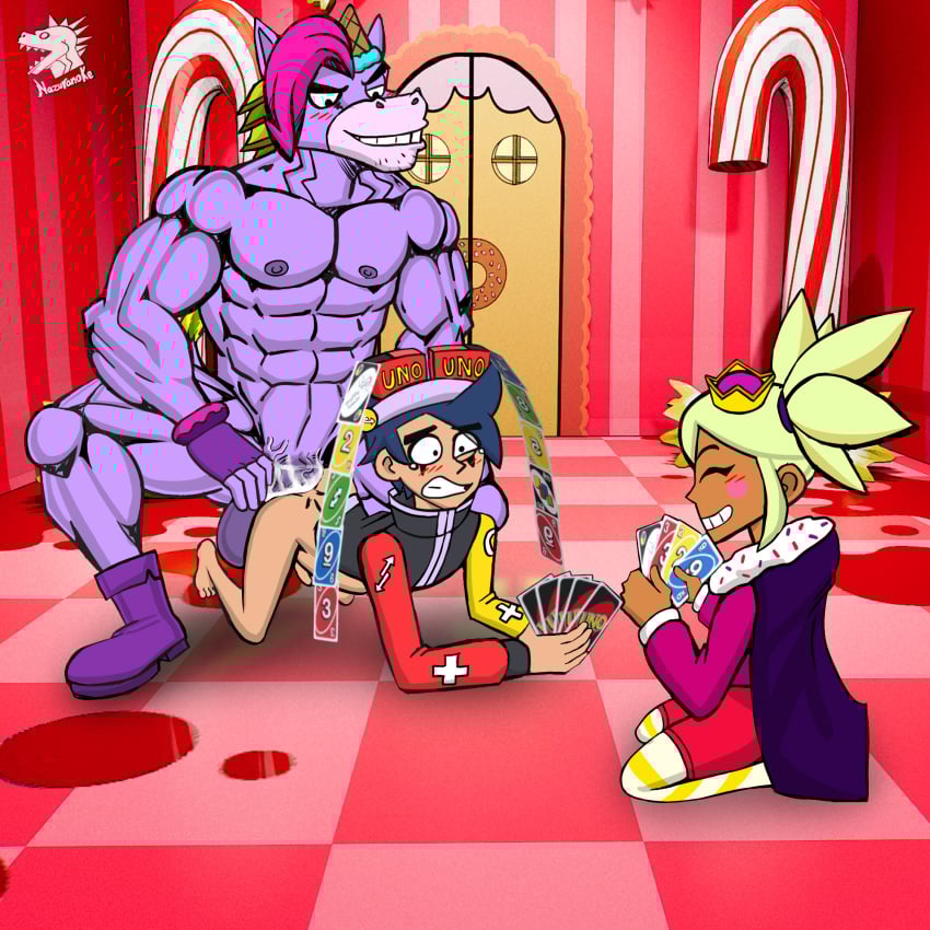 adult_(lore) anal anal_sex anthro beard berry_(brawl_stars) blush bodily_fluids brawl_stars candy candy_cane card chester_(brawl_stars) chester_uno_skin crown cum cum_in_ass cum_inside cumshot dessert door ejaculation equid equine facial_hair female food gay genital_fluids group headgear hi_res horn human male male/male mammal mandy_(brawl_stars) muscular muscular_male mythological_creature mythological_equine nazuranoke nipples penetration size_difference smile supercell_(company) trio unicorn uno watermark