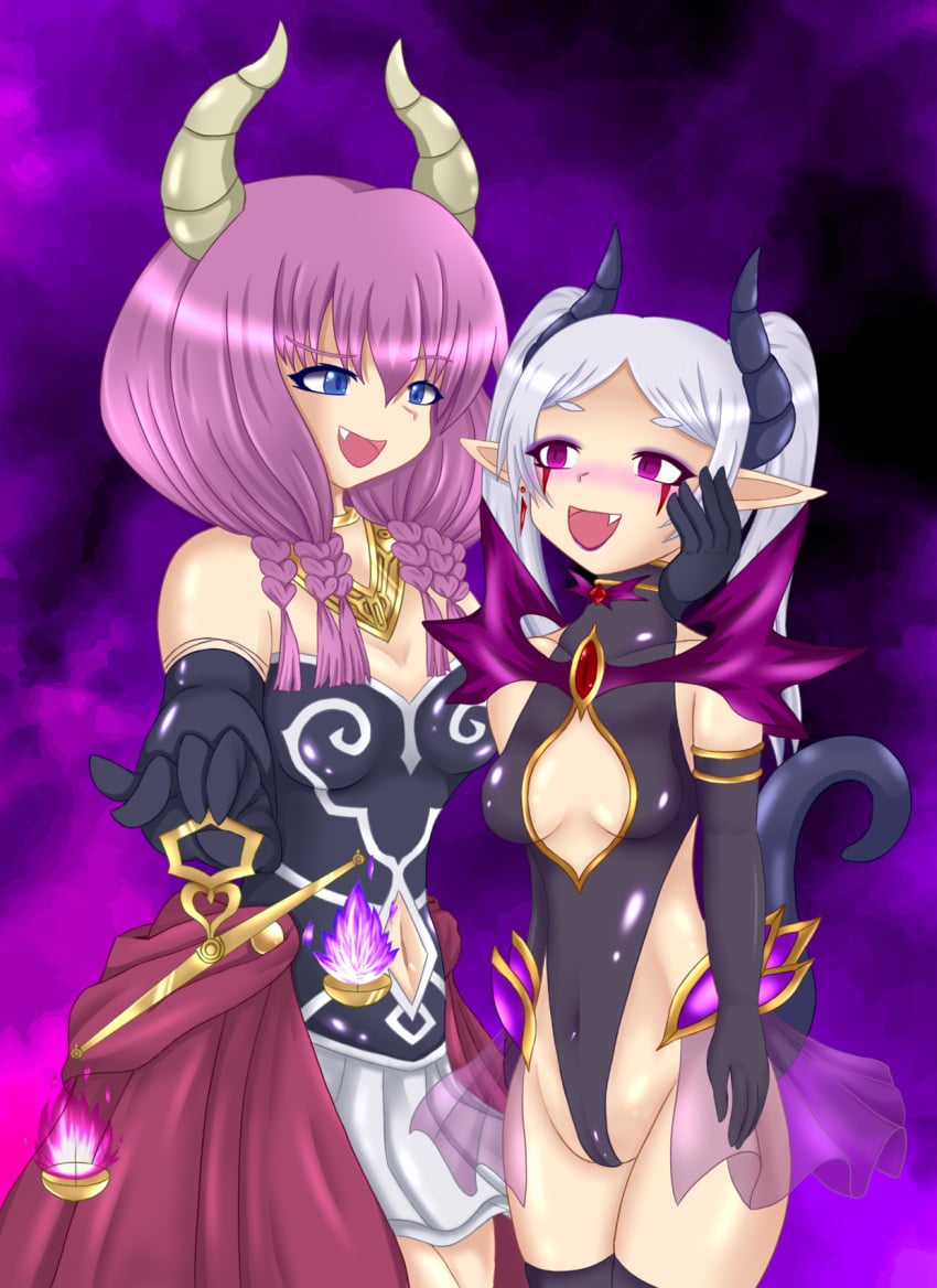 aura_(sousou_no_frieren) cleavage cleavage_cutout corruption demon_girl elf elf_ears female femdom femsub frieren horns leotard lipstick navel rey_(artist) scales sousou_no_frieren tail twintails white_hair yuri