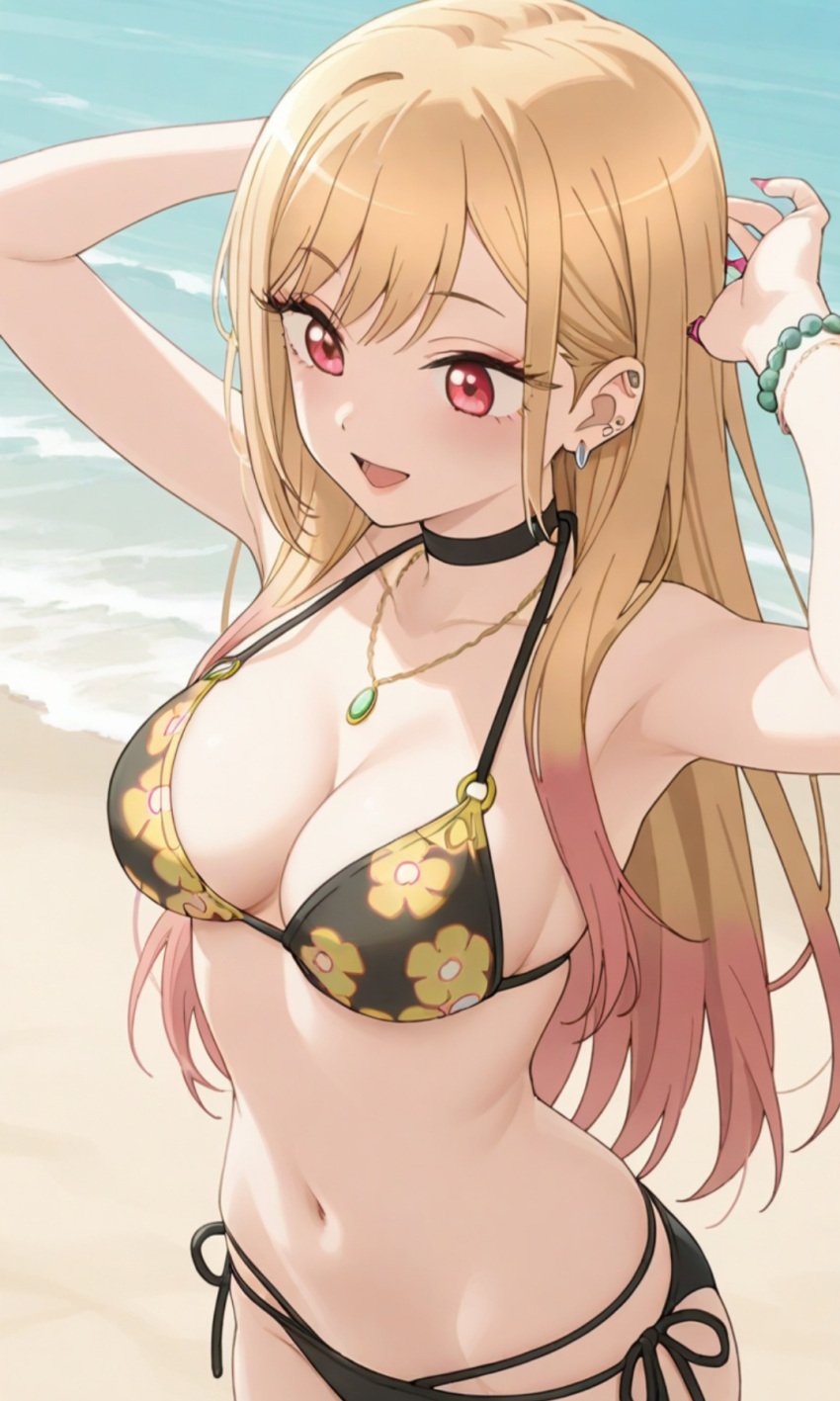 ai_generated beach bikini blonde_hair bracelet breasts cleavage earrings fair_skin gyaru happy hips kitagawa_marin necklace pink_eyes sexy skimpy skimpy_bikini skinny sono_bisque_doll_wa_koi_wo_suru teasing voluptuous