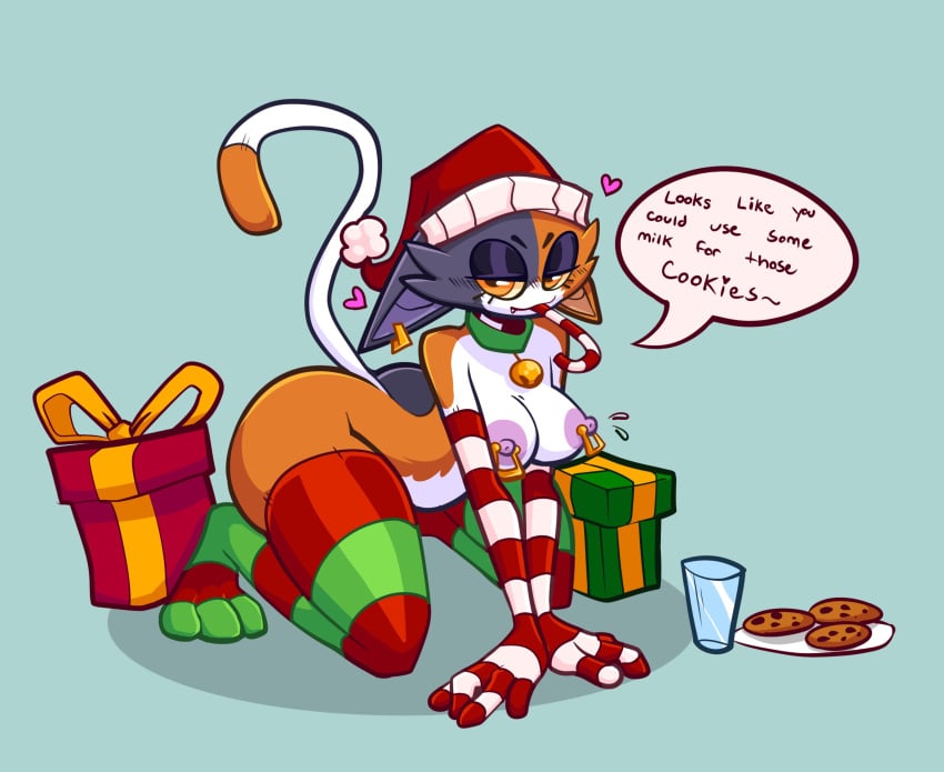 2024 3_toes 4_fingers :3 all_fours anthro armwear bell_collar bent_over big_areola big_ass black_fur breasts calico_cat candy_cane candy_in_mouth catgirl chocolate_chip_cookie christmas christmas_outfit christmas_present cookie cute_fang domestic_cat drinking_glass ear_piercing english_text epic_games female food_in_mouth fortnite full_body furry gift gloves green_background hat heart innuendo kneeling legwear long_gloves looking_at_viewer meow_skulls meow_skulls_(fortnite) miobadders mostly_nude nipple_piercing nipples noseless orange_eyes orange_fur pink_nipples plate present raised_tail santa_hat seductive_smile solo striped_armwear striped_gloves striped_thighhighs talking_to_viewer thighhighs white_fur