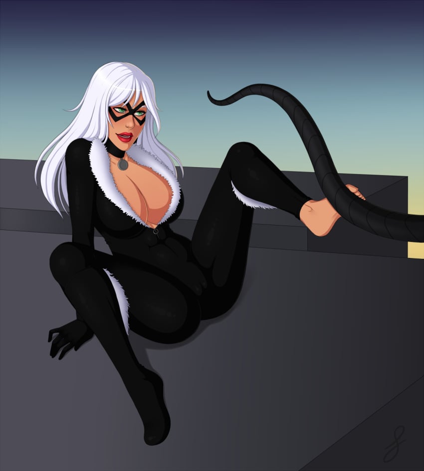 barefoot black_cat_(marvel) bodysuit boots breasts cameltoe catsuit choker cleavage feet felicia_hardy female footjob green_eyes hair human large_breasts liefje long_hair marvel marvel_comics mask pendant sitting soles spider-man_(series) tentacle tight_clothes toes unzipped white_hair