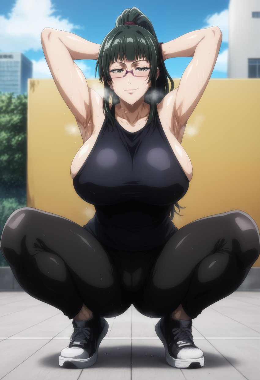 1boy 1girls ai_generated armpits bare_shoulders big_breasts big_hips blush cameltoe clothing curvy female female_focus female_only glasses green_hair hands_behind_head huge_breasts jujutsu_kaisen kikia1 pants patreon ponytail ripped_clothing skindentation sneakers squatting t-shirt tagme tagme_(artist) tight tight_clothing torn_clothes zenin_maki