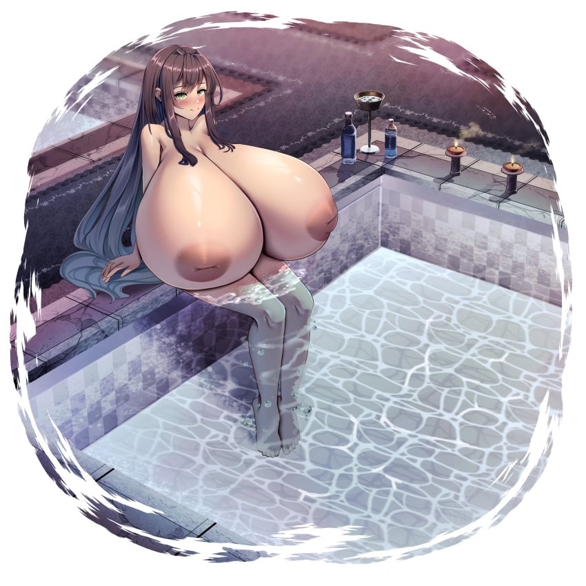 barefoot black_hair breast_expansion clear_water completely_nude dark-skinned_female dark_nipples gigantic_breasts green_eyes hyper_breasts inverted_nipples long_hair mini_giantess mklucas39 sitting smile swimming_pool tall top_heavy