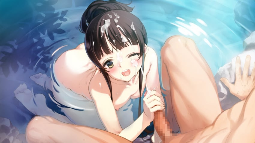 1boy 5pb. barefoot blush breasts censored cum cum_on_hair eiyuu_senki facial feet female game_cg handjob himiko_(eiyuu_senki) mixed_bathing nude onsen ooyari_ashito smile water