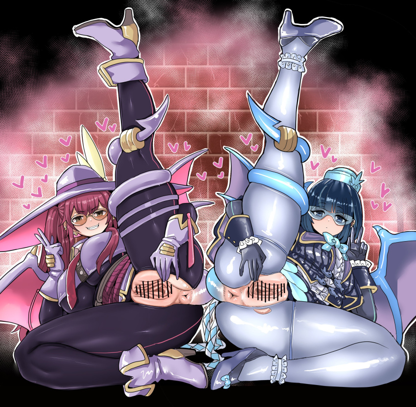 2girls anus artist_request blue_hair brick_wall censored clothing demon_tail duel_monster evil_twin_ki-sikil evil_twin_lil-la female female_only heart ki-sikil_(yu-gi-oh!) leg_up lil-la_(yu-gi-oh!) peace_sign red_hair sitting spread_pussy spread_vagina symmetrical_docking tail thick_thighs thight vagina yu-gi-oh!