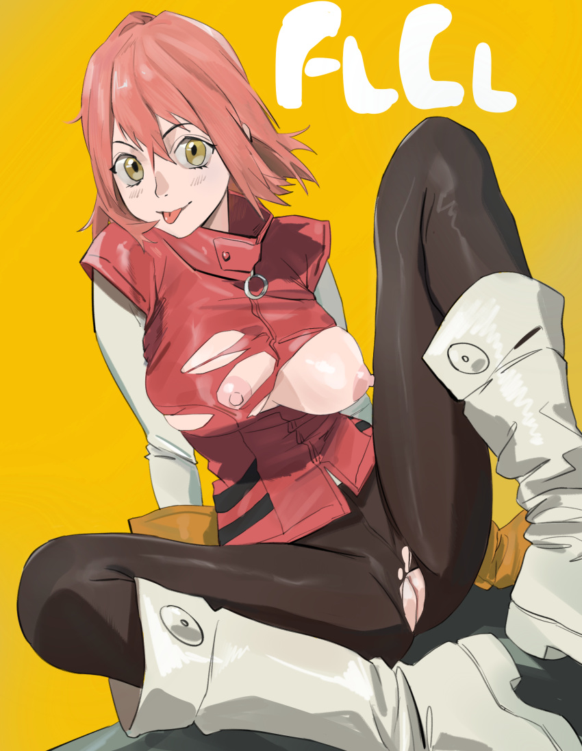 absurdres cleft_of_venus commentary copyright_name english_commentary female flcl gloves haruhara_haruko highres nipples pink_hair pussy simple_background solo taiyang_yu tongue tongue_out torn_clothes white_footwear yellow_background yellow_gloves