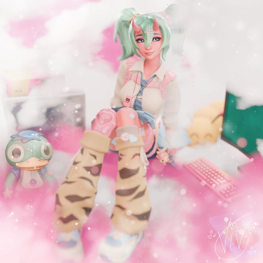 3d fortnite green_eyes gyaru nemia_(fortnite) non-nude red_body twintails