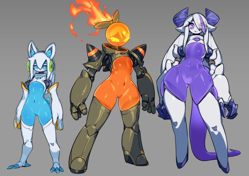 3girls android animal_ears blue_skin colored_skin elly_(pochincoff) fiery_hair fire flat_chest grey_background horns humanoid_robot long_hair mechanical_arms multiple_girls navel no_mouth orange_skin orca_(pochincoff) original oversized_limbs pochincoff purple_skin pussy robot see-through_body short_hair shoulder_spikes simple_background spikes thighhighs una_(pochincoff) white_hair white_thighhighs