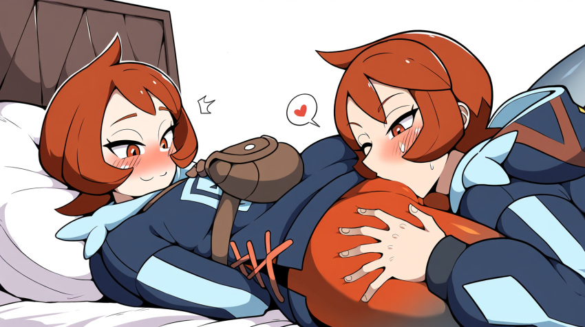 2girls ai_generated arezu_(pokemon) cunnilingus cunnilingus_through_clothes hinatsu_(pokemon) kissing_pussy pokemon pokemon_legends:_arceus red_eyes red_hair selfcest spread_legs yuri