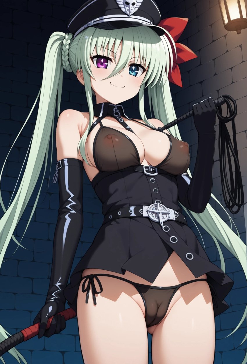 ahoge ai_generated belt bikini black breasts cameltoe cap, clothes covered dominatrix einhart einhart_stratos elbow gloves green hair hat heterochromia long mahou_shoujo_lyrical_nanoha mahou_shoujo_lyrical_nanoha_strikers medium nipple nipples peaked ribbon string thighs through twintails visible