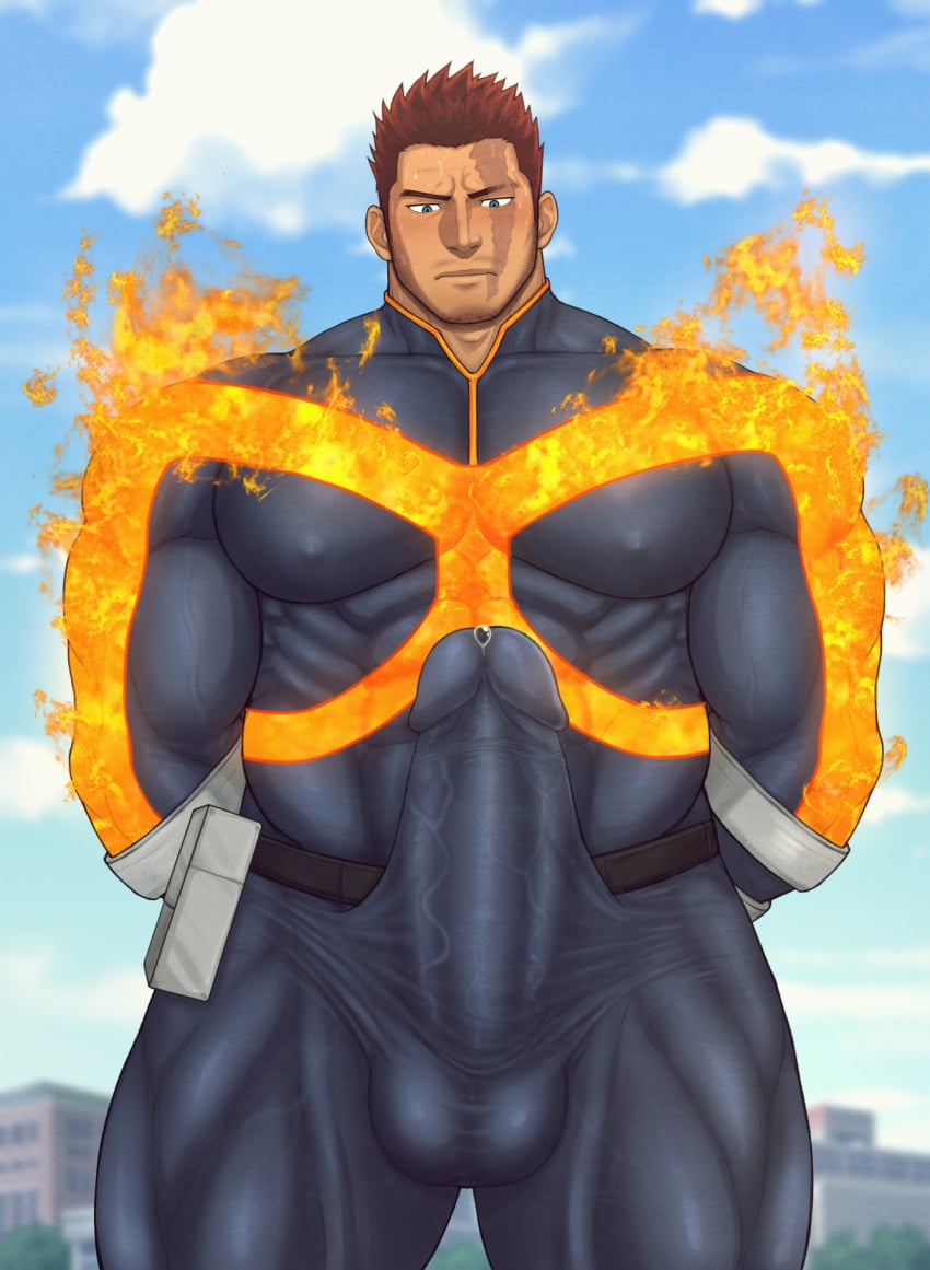 balls bara big_penis boner costume endeavor_(my_hero_academia) enji_todoroki erection erection_under_clothes male male_only muscles muscular my_hero_academia penis solo solo_male toto_(artist)