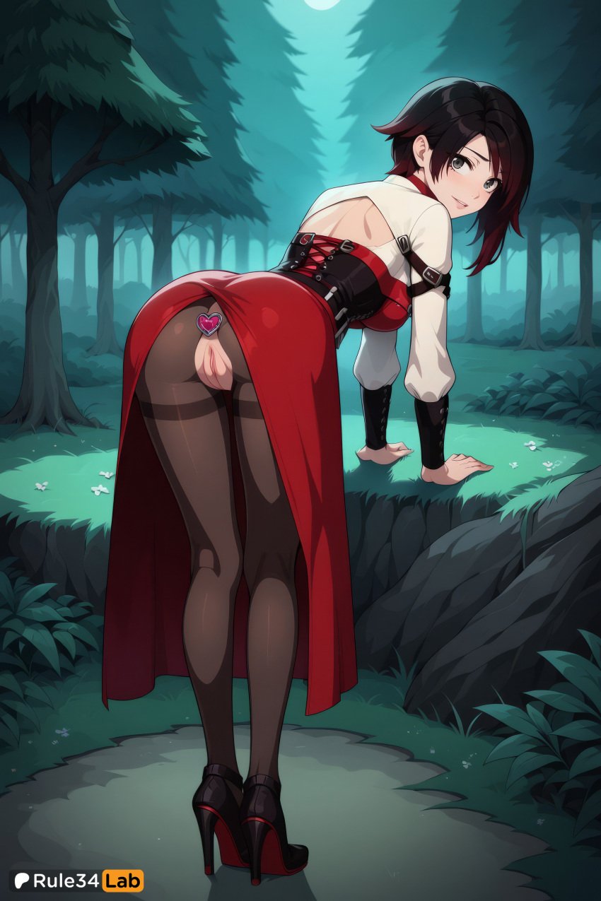 , 1girls ai_generated anal anal_object_insertion anus arm_support artist_name ass bent_over black_footwear black_hair black_pantyhose blush breasts bush butt_plug corset dress forest from_behind full_body full_moon gradient_hair grass grey_eyes hi_res high_heels long_sleeves looking_at_viewer looking_back medium_breasts moon multicolored_hair nature night no_panties object_insertion outdoors pantyhose patreon_logo patreon_username pussy red_hair ruby_rose rule34lab rwby sex_toy short_hair smile solo torn_clothes torn_pantyhose tree two-tone_hair uncensored