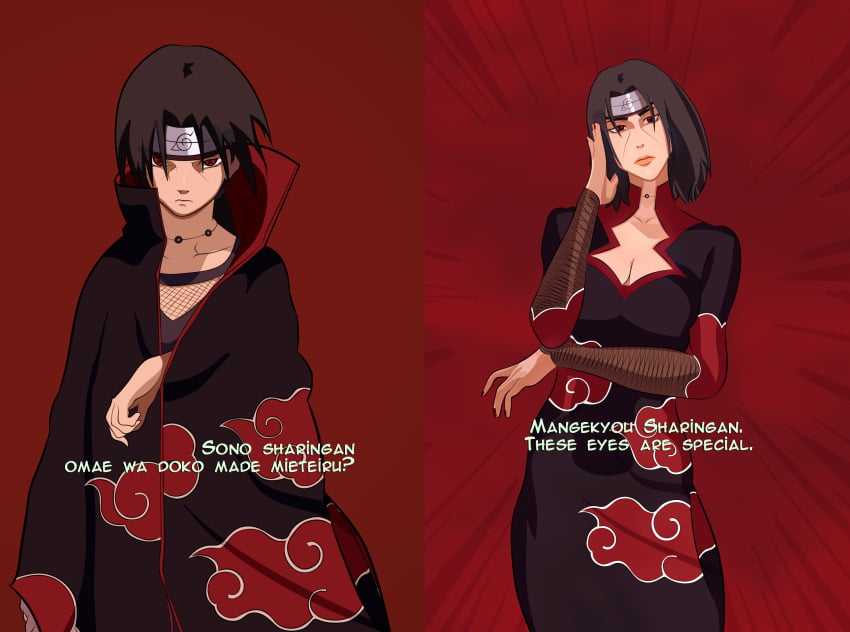 1boy 1boy1girl 1girls 2d akatsuki_(naruto) big_ass big_breasts black_dress black_hair brown_hair cape clothed clothing dress naruto red_eyes rule_63 sharingan simple_background solo transformation uchiha_itachi