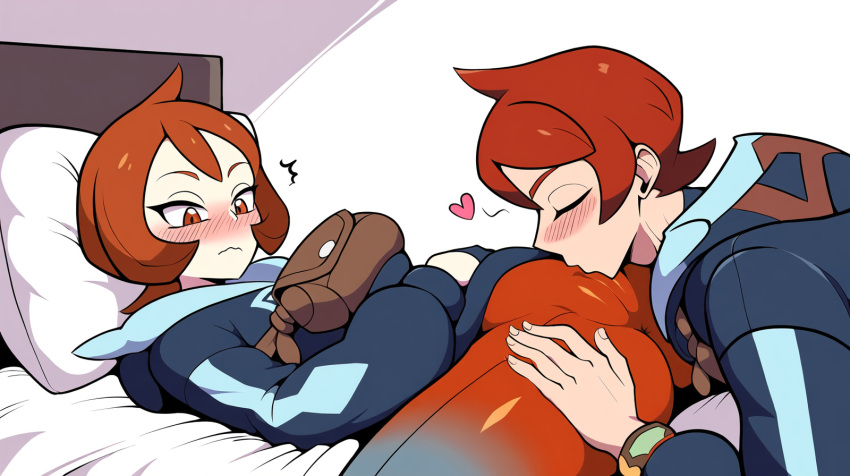 2girls ai_generated arezu_(pokemon) cunnilingus cunnilingus_through_clothes hinatsu_(pokemon) kissing_pussy pokemon pokemon_legends:_arceus red_eyes red_hair selfcest spread_legs yuri