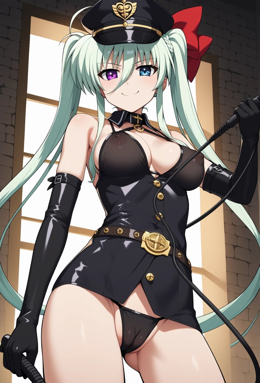 ahoge ai_generated belt bikini black breasts cameltoe cap, clothes covered dominatrix einhart einhart_stratos elbow gloves green hair hat heterochromia long mahou_shoujo_lyrical_nanoha mahou_shoujo_lyrical_nanoha_strikers medium nipple nipples peaked ribbon string thighs through twintails visible