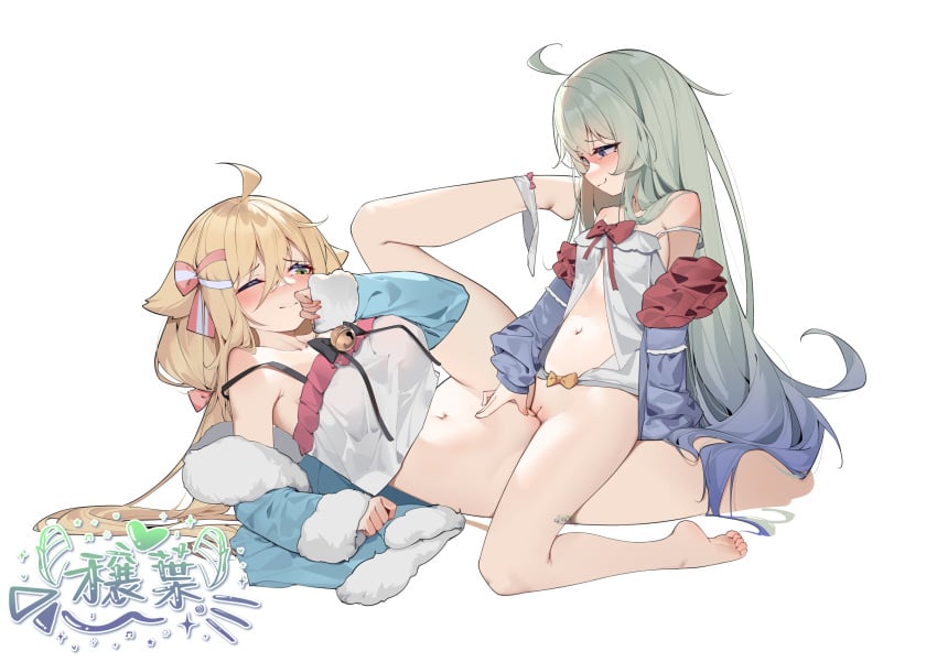 2girls ahoge barefoot blonde_hair blue_jacket blush bottomless bow bow_panties bowtie breasts chinese_commentary cleft_of_venus closed_mouth commentary_request commission crop_top green_eyes green_hair highres jacket large_breasts long_hair multiple_girls navel off_shoulder one_eye_closed original painterliuhao panties panties_around_one_ankle purple_eyes pussy red_bow red_bowtie second-party_source shirt simple_background small_breasts smile toes tribadism underwear white_background white_panties white_shirt yuri