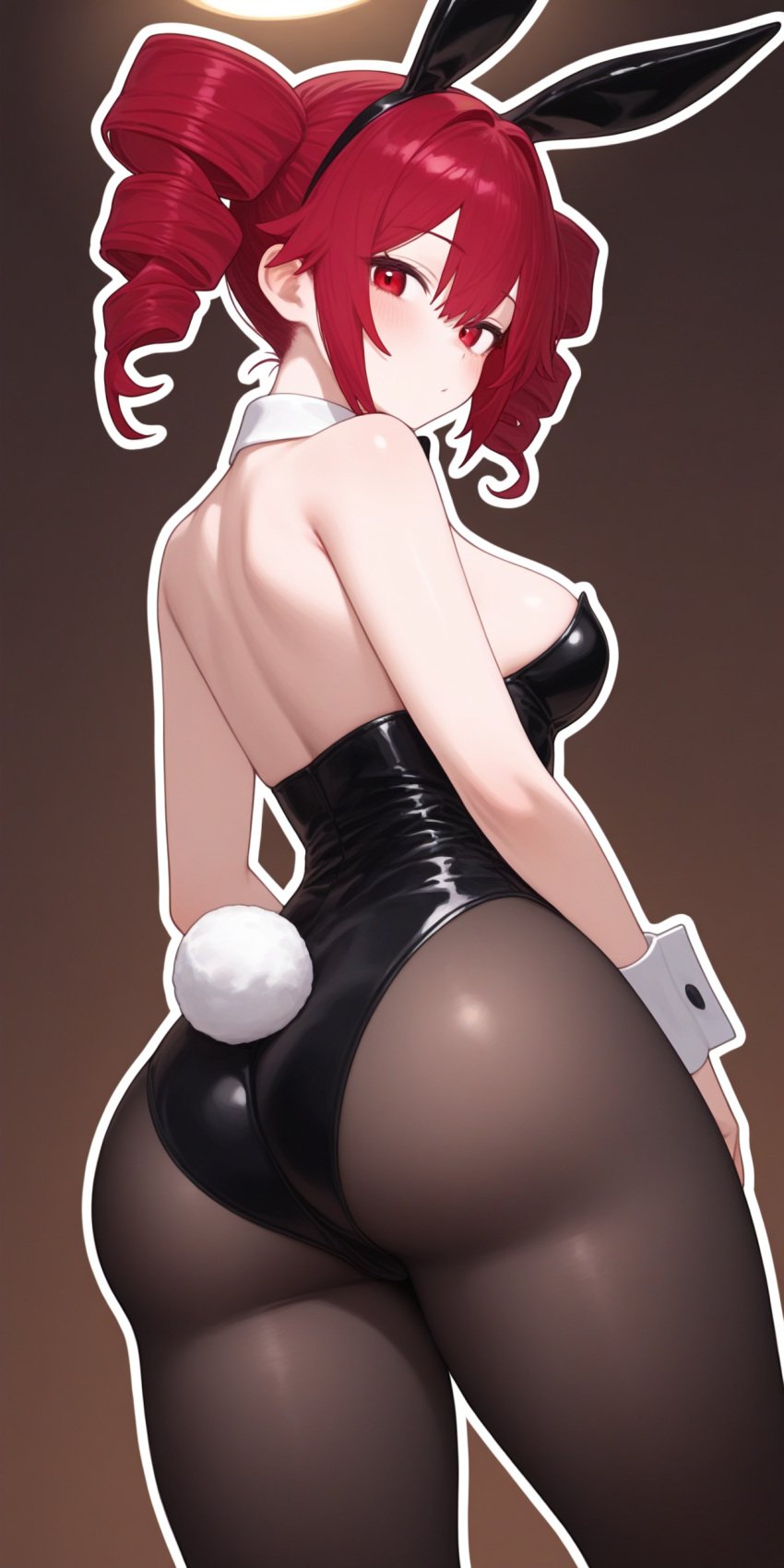 ai_generated animal_ears big_ass bunnysuit drill_hair kasane_teto latex_leotard leotard medium_breasts mesmerizer_teto pantyhose rabbit_tail red_eyes red_hair