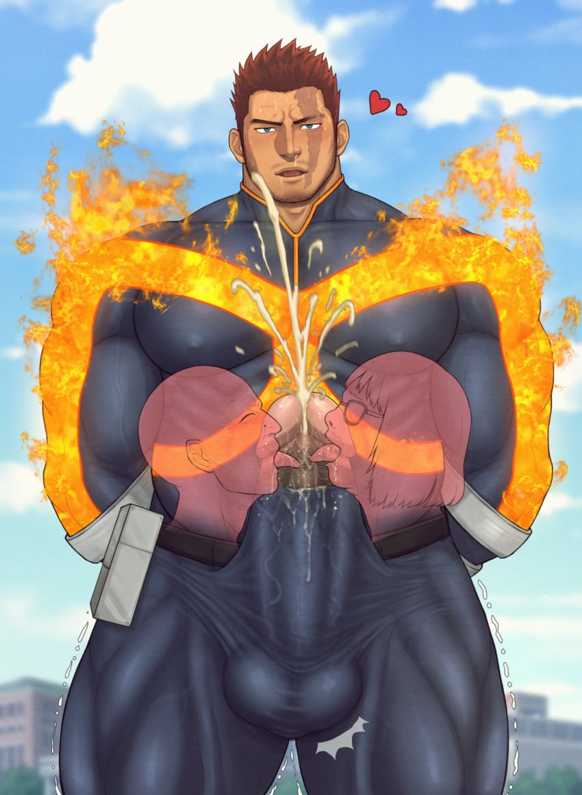 balls bara big_penis boner costume cum endeavor_(my_hero_academia) enji_todoroki erection erection_under_clothes gay licking_penis male male_only muscles muscular my_hero_academia orgasm penis toto_(artist)