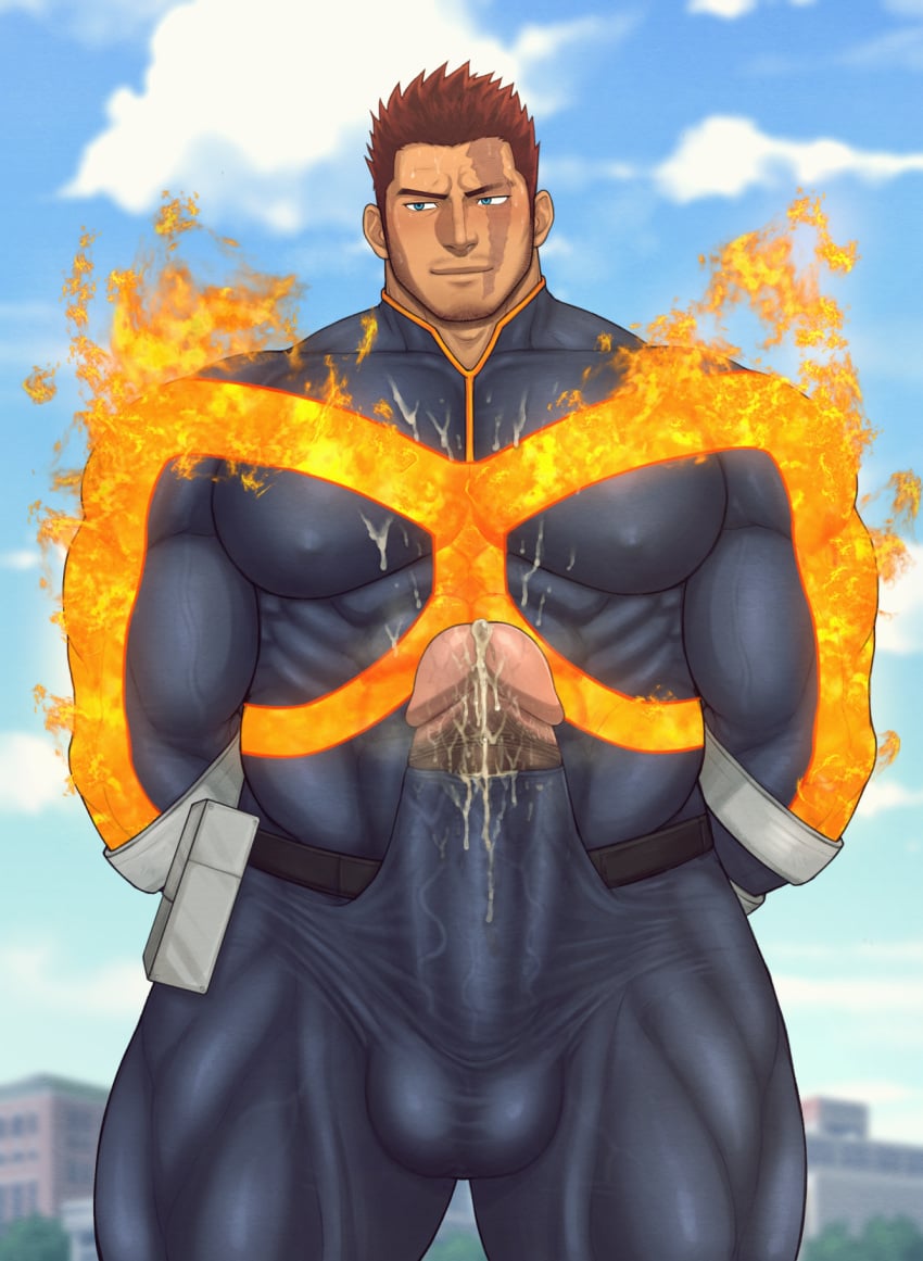 after_orgasm balls bara big_penis boner costume cum endeavor_(my_hero_academia) enji_todoroki erection erection_under_clothes male male_only muscles muscular my_hero_academia penis solo solo_male toto_(artist)