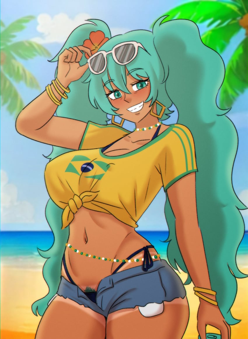 beach brazilian_miku breasts cosplay dark-skinned_female dark_skin earrings eyewear_on_head female hatsune_miku hatsune_miku_(cosplay) jeans_shorts large_breasts long_hair panties shorts smile solo sunglasses