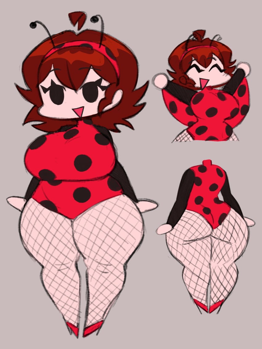 ass auburn_hair big_breasts breasts butt female fishnet_legwear fishnets fnf friday_night_funkin girlfriend_(friday_night_funkin) ladybug_print legwear short_hair thick_thighs