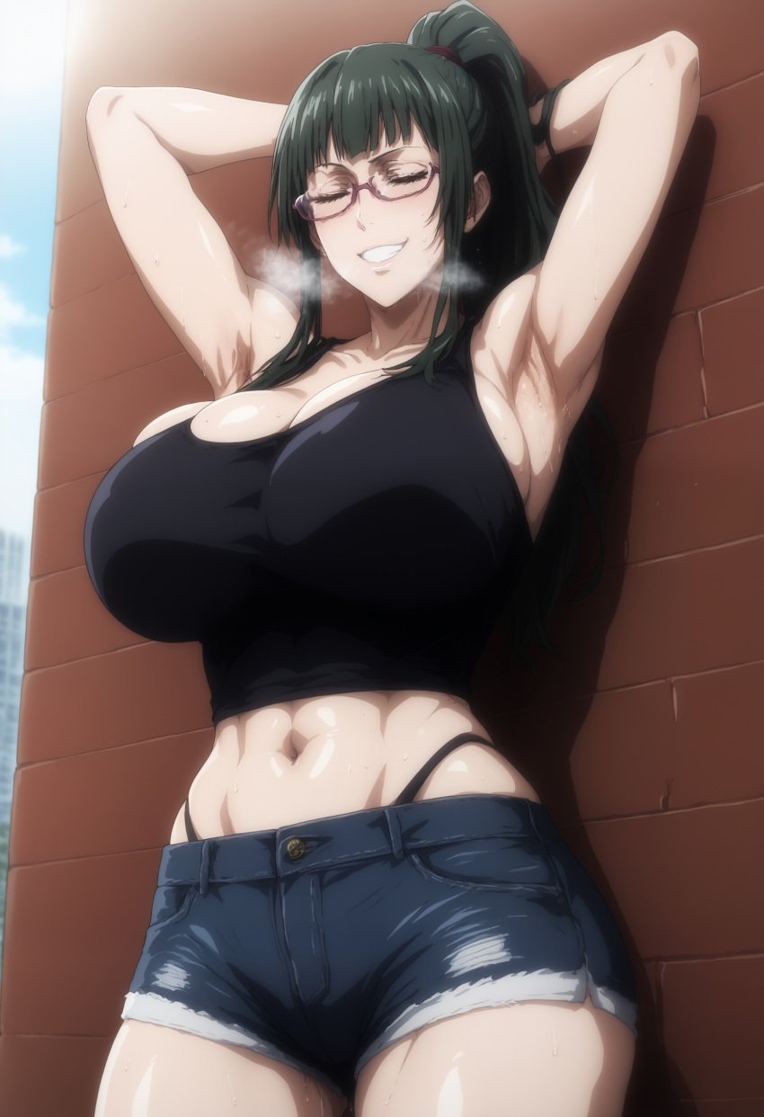 1boy 1girls ai_generated armpits bare_shoulders big_breasts big_hips blush clothing curvy denim_shorts female female_focus female_only glasses green_hair hands_behind_head huge_breasts jujutsu_kaisen kikia1 pants patreon ponytail ripped_clothing skindentation sneakers standing t-shirt tagme tagme_(artist) tight tight_clothing torn_clothes zenin_maki