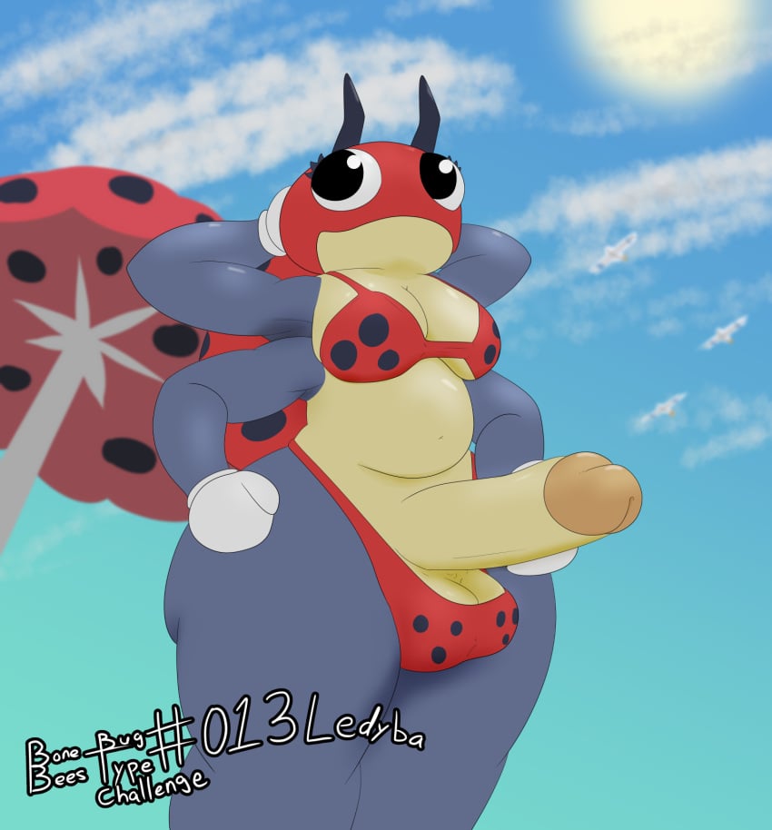 4_arms antennae_(anatomy) anthro artist_name ball_bra balls beach_umbrella belly big_balls big_breasts big_penis bikini bikini_bottom bikini_top black_eyes bonebees breasts clothing digital_drawing_(artwork) digital_media_(artwork) erection generation_2_pokemon generation_3_pokemon genitals gloves gynomorph hand_behind_head hand_on_hip handwear hi_res intersex ledyba masturbation multi_arm multi_limb multicolored_body nintendo parasol penis pokemon pokemon_(species) slightly_chubby smile solo spots standing swimwear two-piece_swimsuit white_clothing white_gloves white_handwear wingull