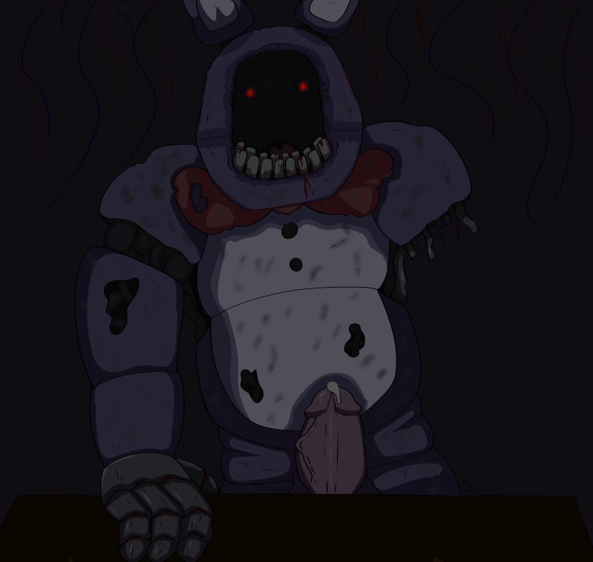 absurd_res amputee animatronic anthro blood bodily_fluids cum disability ears_up five_nights_at_freddy's five_nights_at_freddy's_2 genital_fluids genitals glowing glowing_eyes headless hi_res humanoid lagomorph leaking leporid machine male male/male mammal metal missing_arm penis rabbit red_eyes redsinity robot rust scary scottgames solo superabsurd_res withered_bonnie_(fnaf)