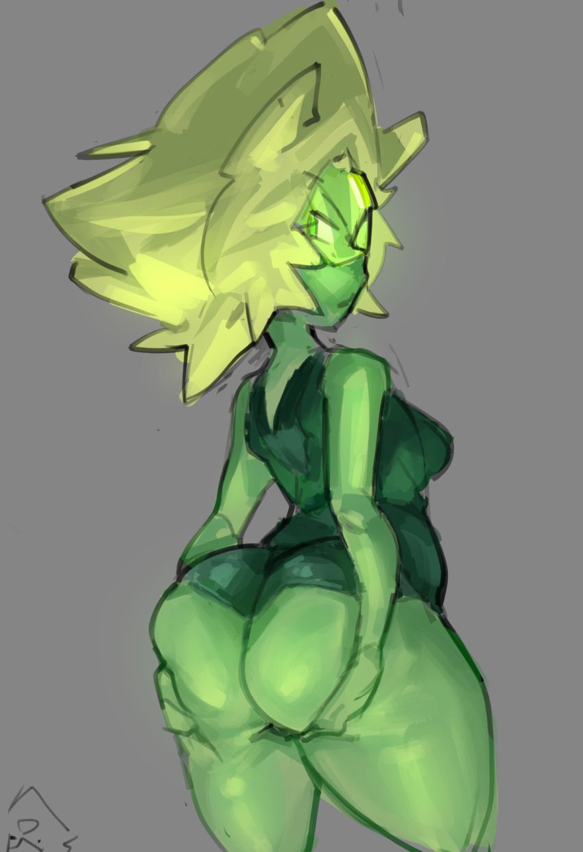 ass ass_grab ass_support breasts chuf clothing colored_skin female female forehead_jewel from_behind gem_(species) grabbing_own_ass green_eyes green_hair green_skin green_theme huge_ass large_ass leotard looking_at_viewer looking_back peridot_(steven_universe) short_hair simple_background sketch solo steven_universe thick_thighs thighs