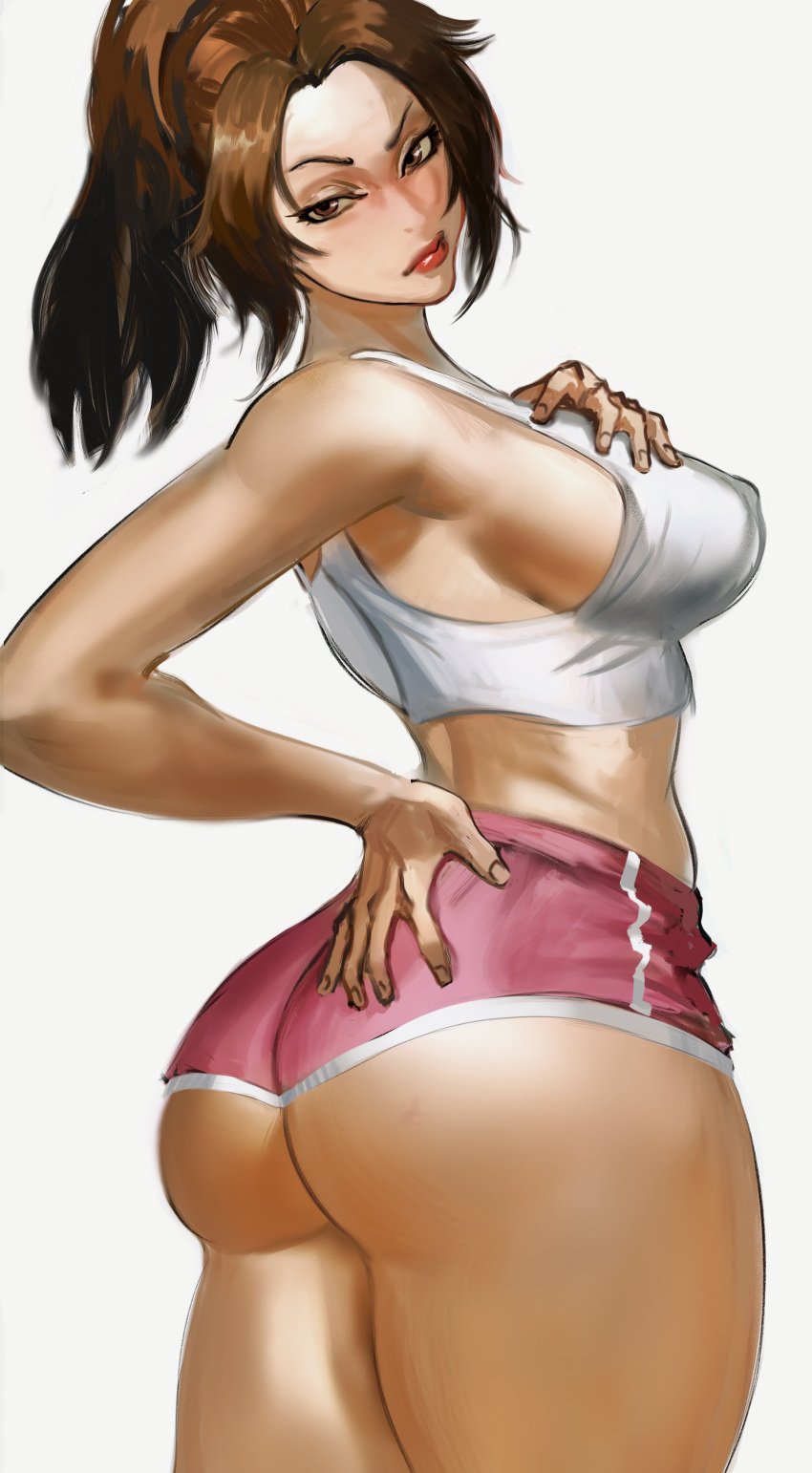 alternate_costume back_view barefoot big_ass big_breasts brown_hair casual casual_clothes fatal_fury feet kneeling kneeling_female long_hair looking_at_viewer looking_back mai_shiranui mashingvaquita nipples shiranui_mai shirt shorts sideboob sole_female soles street_fighter street_fighter_6 sweat thick_thighs tied_hair toes top white_shirt wide_hips