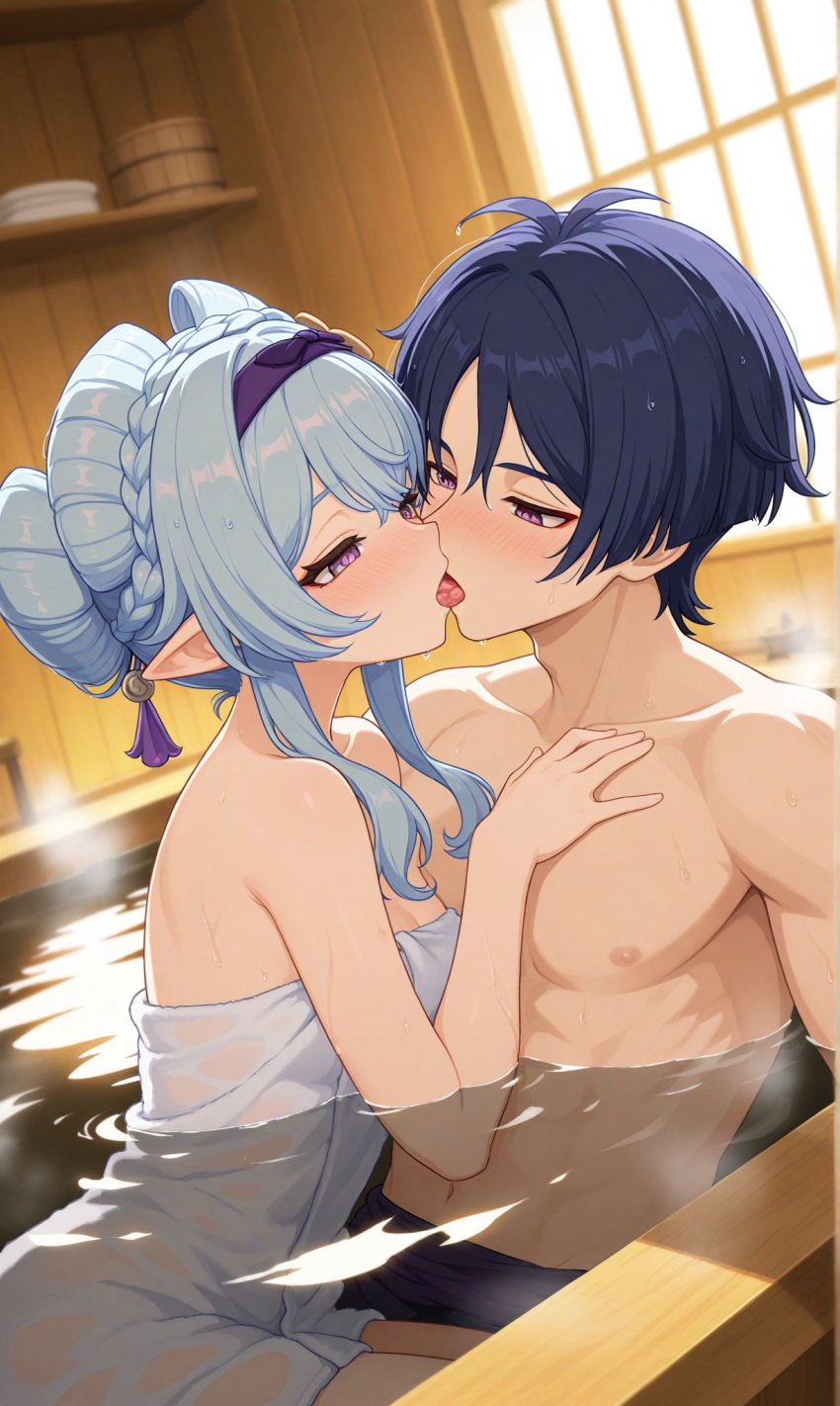 1boy 1girls ai_generated bathhouse bathing bathroom bathtub blue_eyes blue_hair blush elf elf_female french_kiss genshin_impact hand_on_another's_chest kissing making_out nipples pecs scaramouche_(genshin_impact) straight tongue tongue_kiss tongue_out twink wet yumemizuki_mizuki