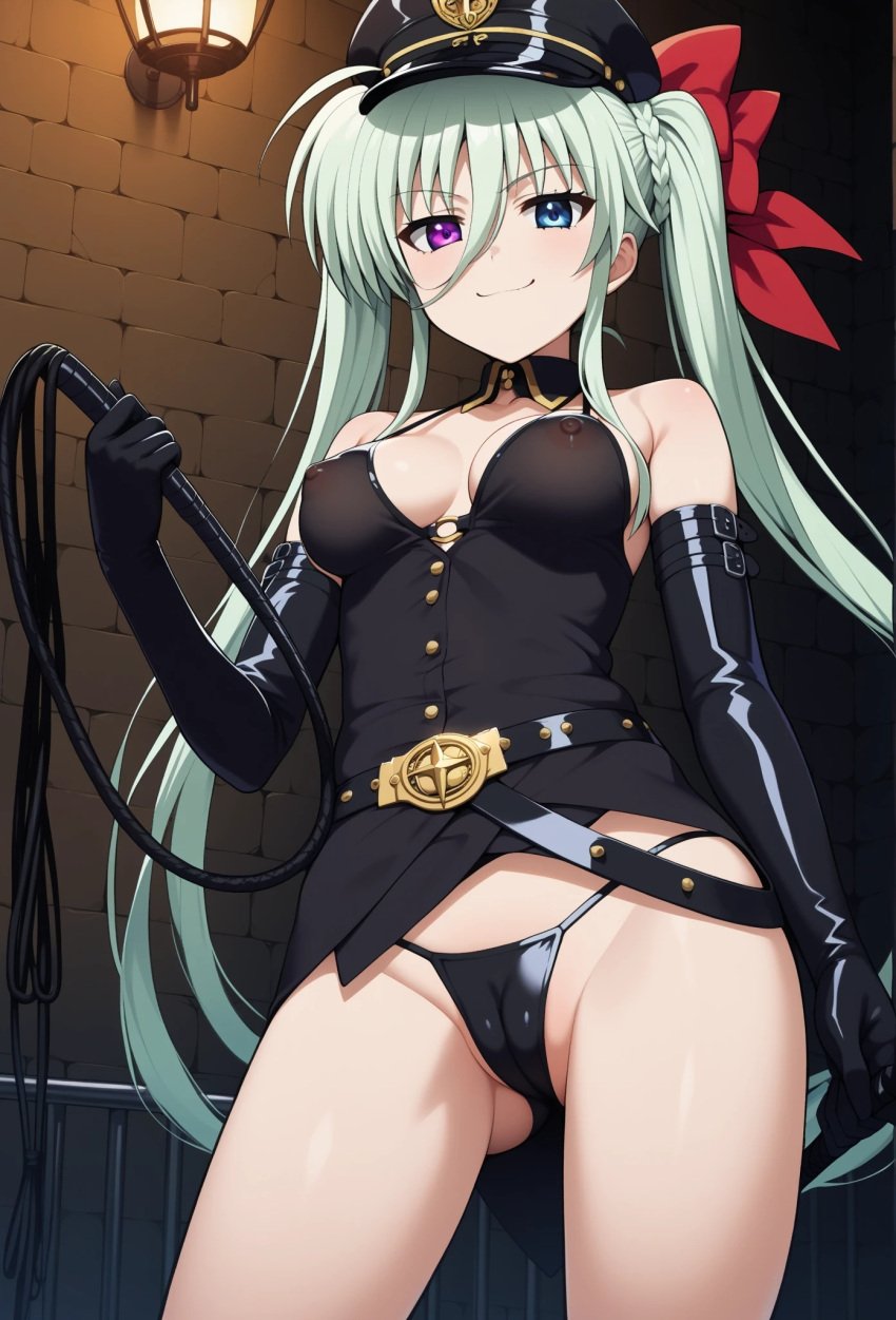 ahoge ai_generated belt bikini black breasts cameltoe cap, clothes covered dominatrix einhart einhart_stratos elbow gloves green hair hat heterochromia long mahou_shoujo_lyrical_nanoha mahou_shoujo_lyrical_nanoha_strikers medium nipple nipples peaked ribbon string thighs through twintails visible