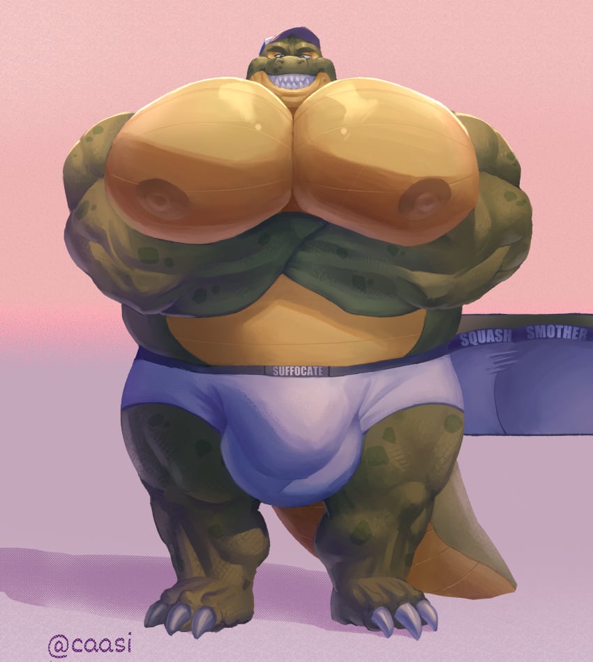 anthro arms_crossed ball_outline big_bulge big_butt big_moobs big_pecs bulge caazerenam claws green_scales hat headgear headwear male_only moobs muscular_arms overweight overweight_anthro overweight_male pecs reptile salvador_(gator) scales scalie smile solo_male tail teeth writing_on_clothes