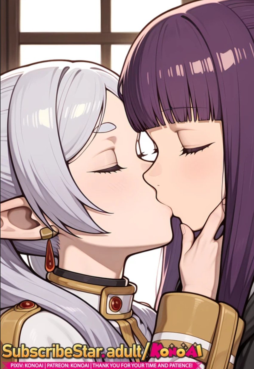 ai_generated closed_eyes elf fern fern_(sousou_no_frieren) frieren human kissing purple_hair sousou_no_frieren student teacher teacher_and_student white_hair yuri