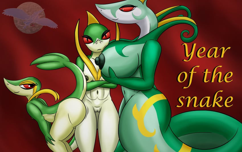 anthro apode ass between_breasts big_breasts big_butt breasts draconcopode female female/female flat_chested generation_5_pokemon genitals green_body green_nipples grinding group hi_res huge_breasts huge_butt humanoid legless lindwormduality looking_at_another markings naga navel nintendo nipples pokemon pokemon_(species) pupils pussy red_eyes reptile scalie serpentine serperior servine short_stack sibling_(lore) sister_(lore) sisters_(lore) size_difference slit_pupils smile snake snivy tan_body trio upset yellow_markings