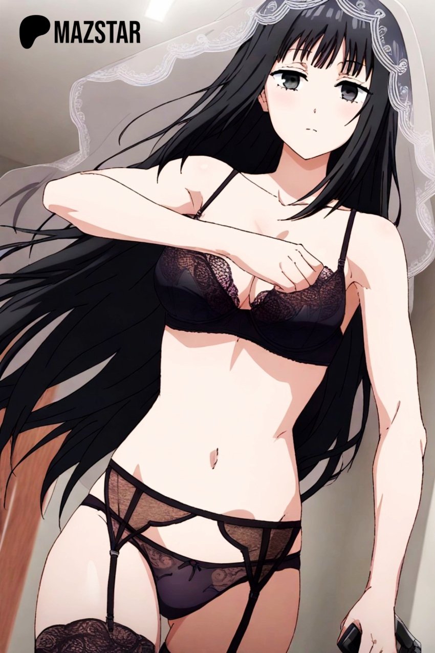 assassin beautiful big_ass big_breasts big_butt big_thighs black_bikini black_bikini_bottom black_bikini_top black_eyes black_hair black_panties buzzsaw emotionless emotionless_female half-dressed half_naked japanese lingerie lingerie_bra lingerie_only lingerie_panties long_hair mazstar osaragi_(sakamoto_days) pale-skinned_female pale_skin sakamoto_days thicc thick_butt thick_legs thick_thighs wedding_attire wedding_lingerie white_veil