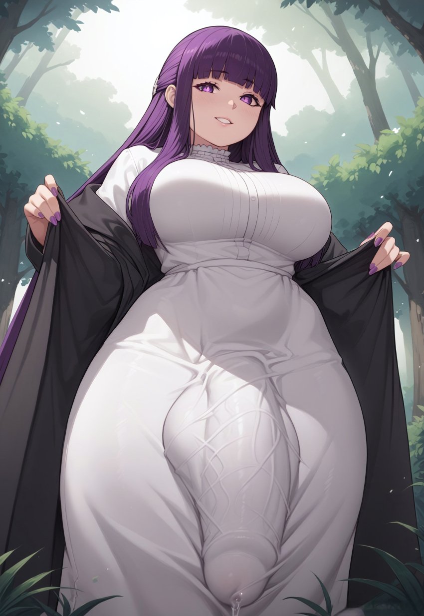 1futa ai_generated black_jacket bulge bulge_through_clothing dress fern_(sousou_no_frieren) forest frieren_beyond_journey's_end from_below futanari large_balls large_breasts large_penis looking_at_viewer looking_down looking_down_at_viewer open_jacket precum precum_through_clothing purple_eyes purple_hair solo sousou_no_frieren spartan25 veiny_penis white_dress