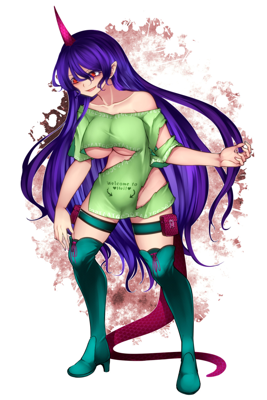 aoshima belly boots horn long_hair pointing_at_pussy purple_hair shoulders smirking syringe tail tenkajin_chiyari thigh_boots thighs torn_clothes touhou underboob underboob_cutout