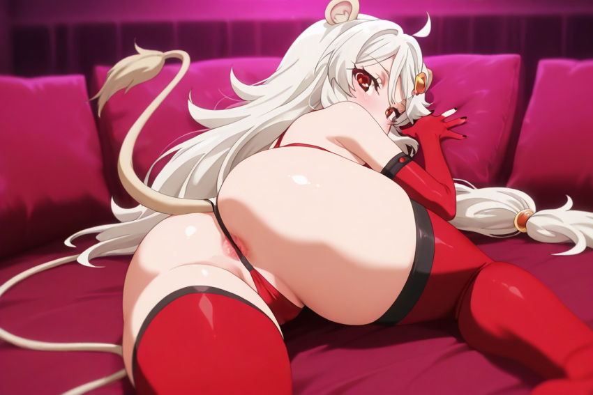 ahoge ailane_(show_by_rock!!) anus elbow_gloves exposed female hair hair_ornament lion_ears lion_tail looking_at_viewer nail_polish red_bra red_eyes red_gloves red_thighhighs small_breasts solo thick_thighs thighhighs tiny_girl very_long_hair white