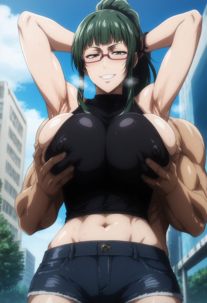 1boy 1girls ai_generated armpits bare_shoulders big_breasts big_hips blush clothing curvy female female_focus female_only glasses grabbing_breasts grabbing_from_behind green_hair hands_behind_head huge_breasts jujutsu_kaisen kikia1 pants patreon ponytail ripped_clothing skindentation sneakers standing t-shirt tagme tagme_(artist) tight tight_clothing torn_clothes zenin_maki