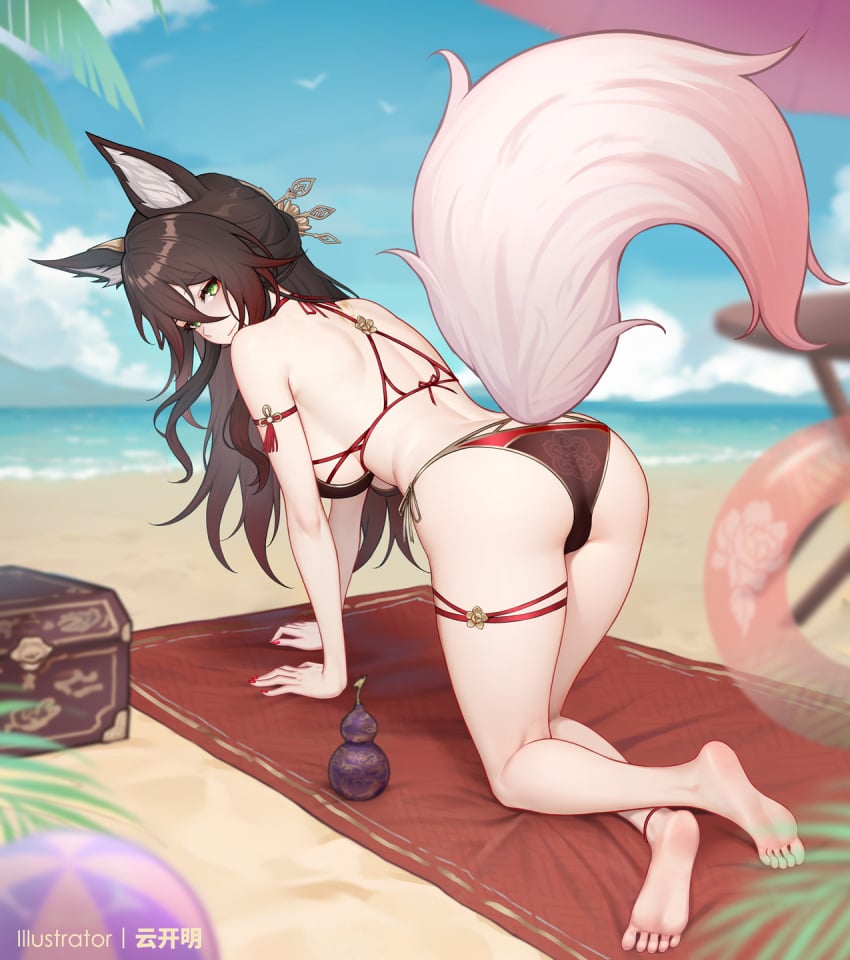 all_fours alternate_costume animal_ears ass ball barefoot beach beach_mat beachball bikini blue_sky brown_bikini brown_hair chinese_commentary cloud cloudy_sky commentary_request crossed_ankles female fox_ears fox_girl fox_tail from_behind fugue_(honkai:_star_rail) hair_ornament highres honkai:_star_rail honkai_(series) looking_at_viewer looking_back mountainous_horizon outdoors paid_reward_available partial_commentary sky swimsuit tail tingyun_(honkai:_star_rail) treasure_chest yellow_eyes yunkaiming