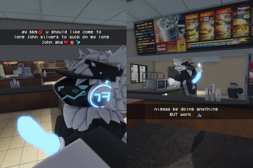 3d annoyed anthro employee_uniform femboy furry glowing_penis knot male_focus nekomaniaa protogen restaurant roblox roblox_avatar robloxian self_upload selfie_with_penis the_n_word unprofessional_behavior white_fur