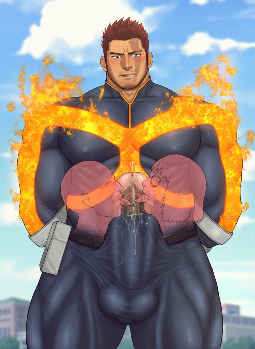 balls bara big_penis boner costume endeavor_(my_hero_academia) enji_todoroki erection erection_under_clothes gay licking_penis male male_only muscles muscular my_hero_academia penis toto_(artist)