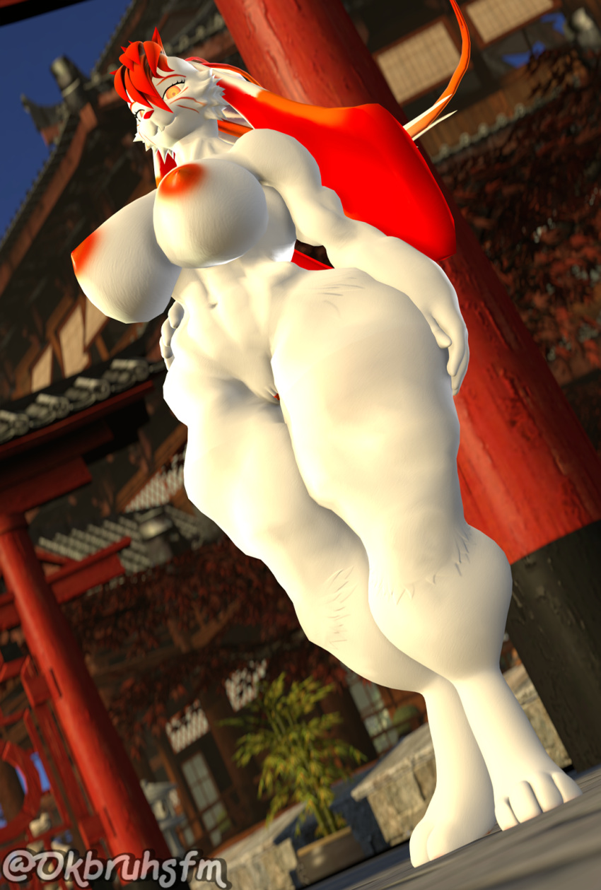 3d anthro big_breasts breasts digital_media_(artwork) female fira_(okbruh) fur genitals hi_res lagomorph leporid mammal muscular muscular_female nude ok_bruh orange_eyes pussy rabbit solo thick_thighs white_body white_fur