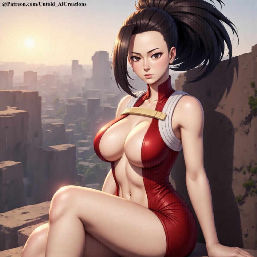 1girls ai_generated cleavage clothed clothing female female_only light-skinned_female light_skin looking_at_viewer momo_yaoyorozu my_hero_academia outdoors pose seductive sitting solo untoldaicreations untoldcreate