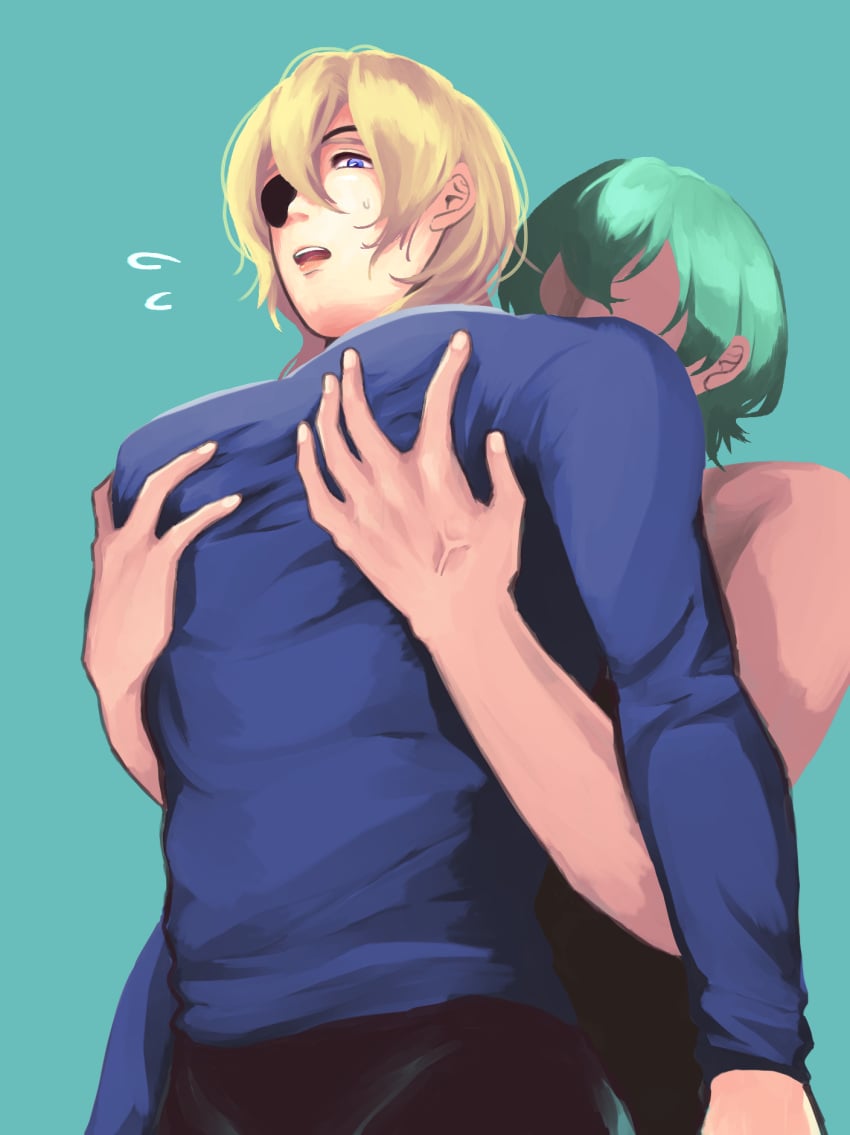 2boys blonde_hair byleth_(fire_emblem) byleth_(fire_emblem)_(male) clothed clothing dimitri_alexandre_blaiddyd eyepatch fire_emblem fire_emblem:_three_houses gay green_hair ict male male_focus male_only muscular muscular_male open_mouth pec_grab pectoral_grab shirt simple_background yaoi