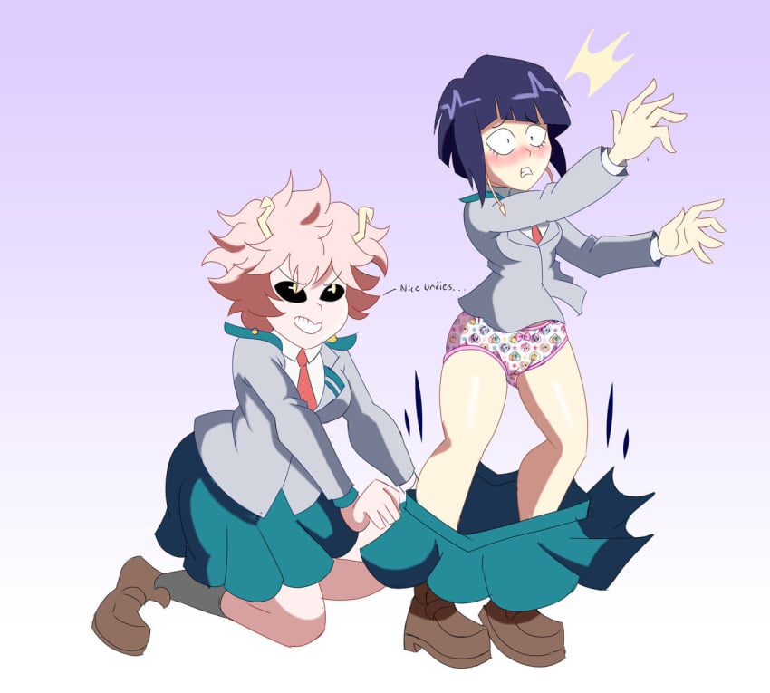 boku_no_hero_academia breasts embarrassed embarrassed_female imsomethingradical jirou_kyouka mina_ashido my_hero_academia panties pantsed print_panties pulling_down_skirt skirt_down underwear